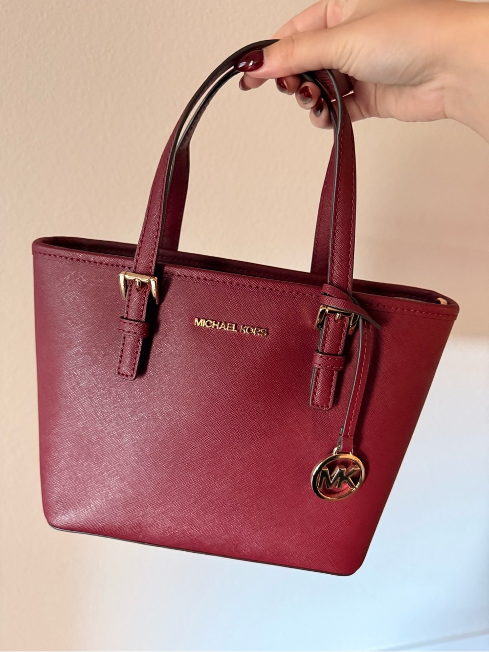 Michael Kors Dark Cherry Saffiano Leather Shoulder Bag with Gold Hardware